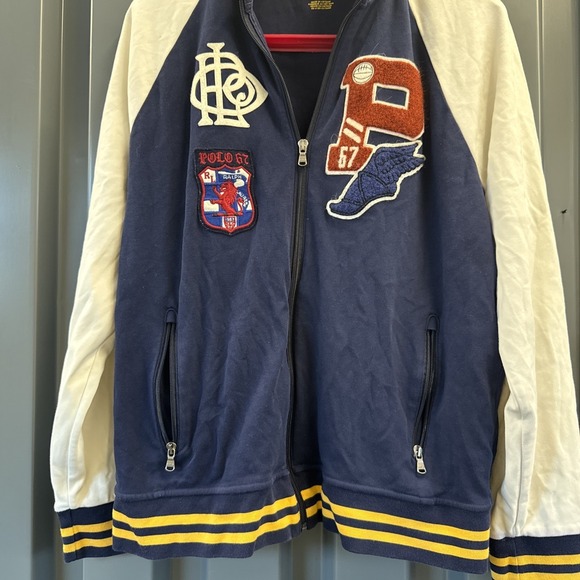 Polo Ralph Lauren Varsity Jacket Men's Navy White Yellow Patch Zipped Pockets L - Picture 5 of 9